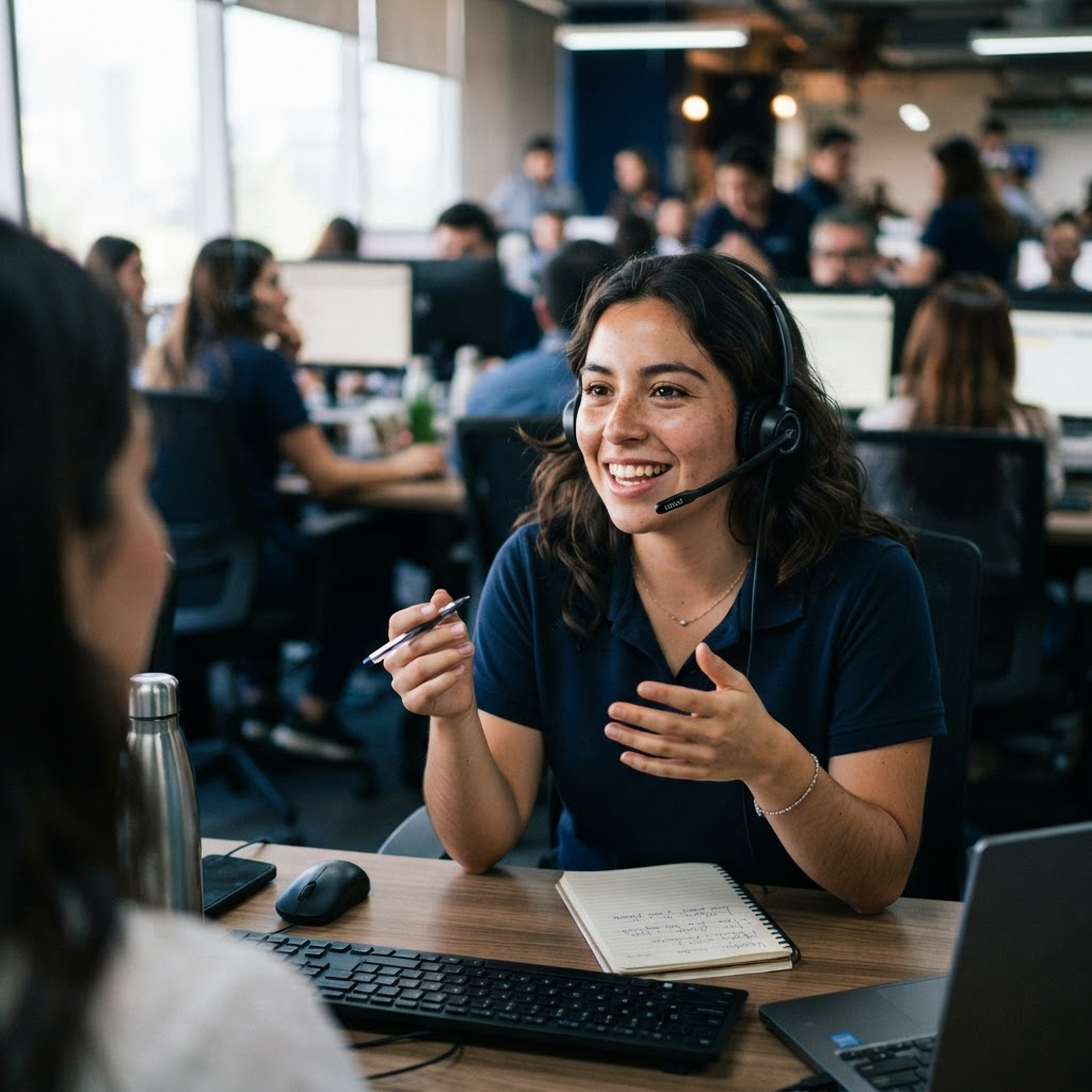 Ejecutiva de televentas con audífonos en un contact center de alto rendimiento en Chile